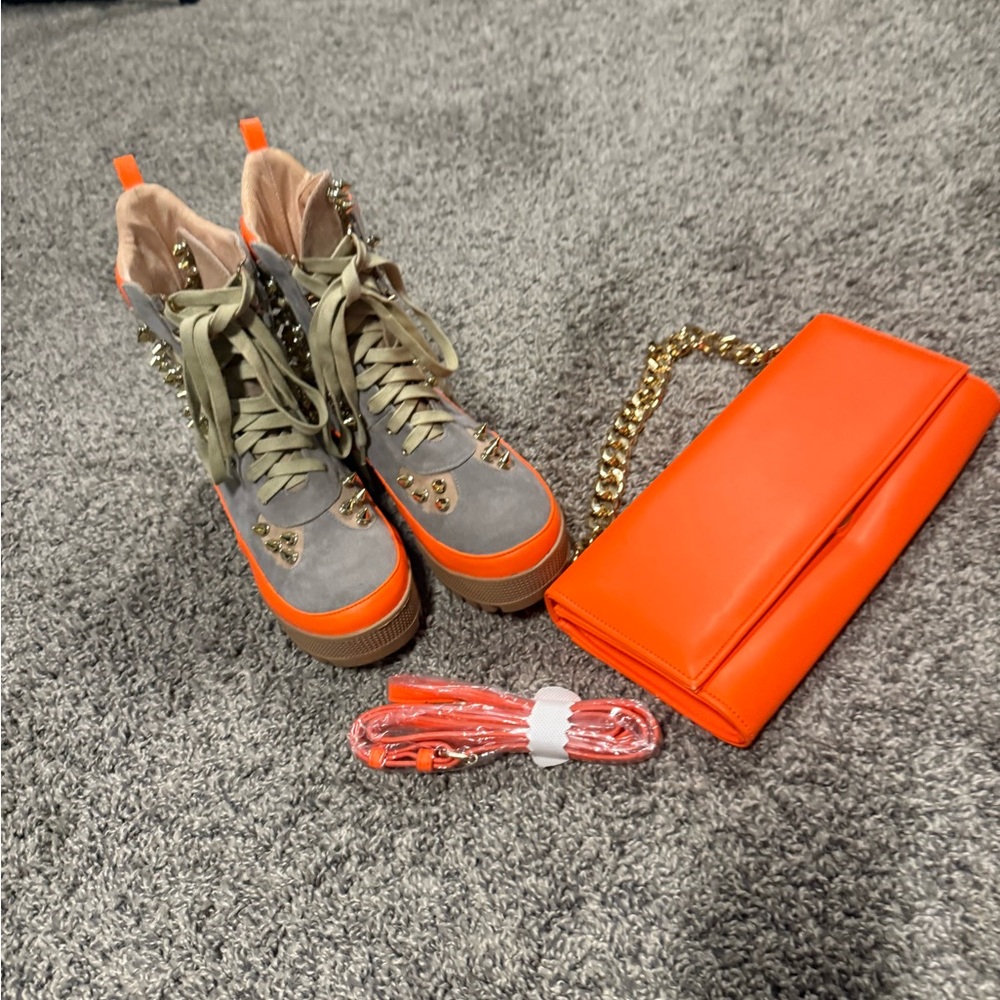 Cape Robbin Orange and Gray Studded Combat Boots - Picture 3 of 10